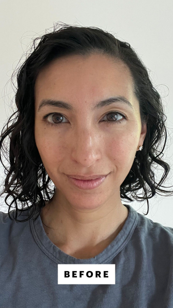 Allure contributing commerce editor Deanna Pai before applying the Reverie Milk AntiFrizz Leavein Treatment